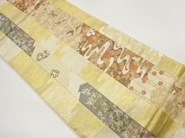 縞に草花・鳥・扇模様織出し袋帯